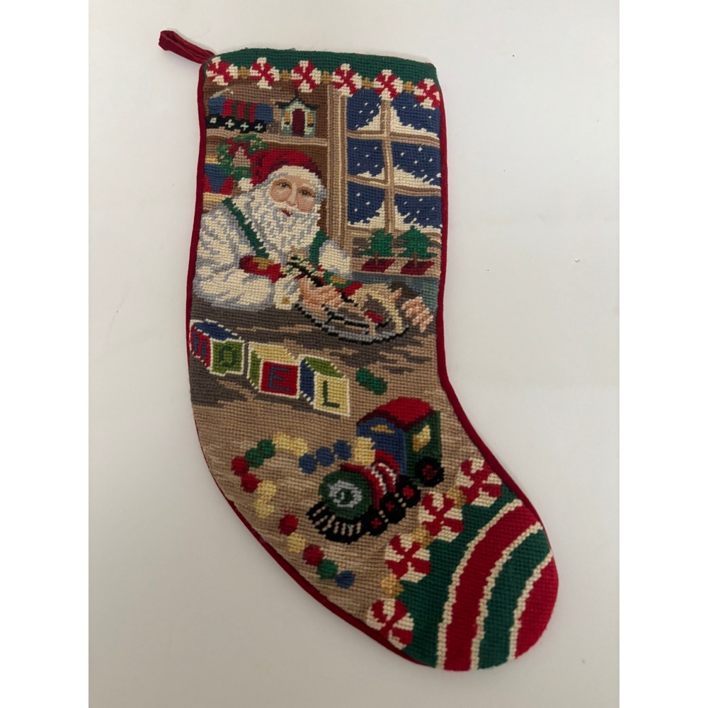 Vintage Needlepoint Christmas Stocking Santa Workshop Train Velvet Back 20 inch